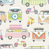Happy Campers Scooter Moped Camper Van TuttiFrutti Fabric 140cm Wide Lifestyle 100% Cotton Craft Fabric Material Quilting, Clothing
